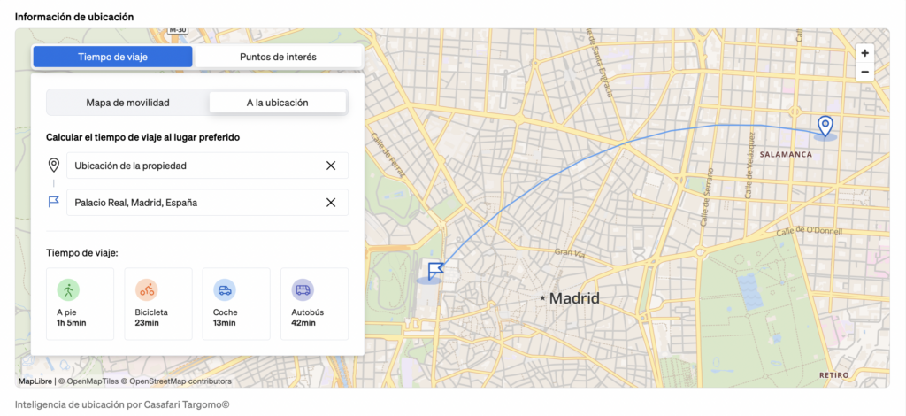 Mapa con puntos de interés alrededor de la propiedad y tiempos de viaje