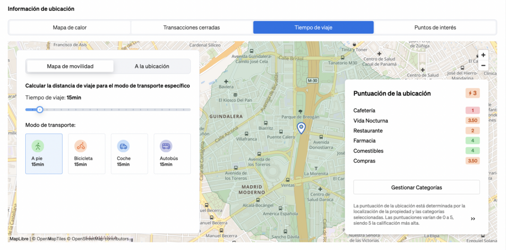 Mapa de ubicación que muestra qué tan buenas son las áreas circundantes de una propiedad