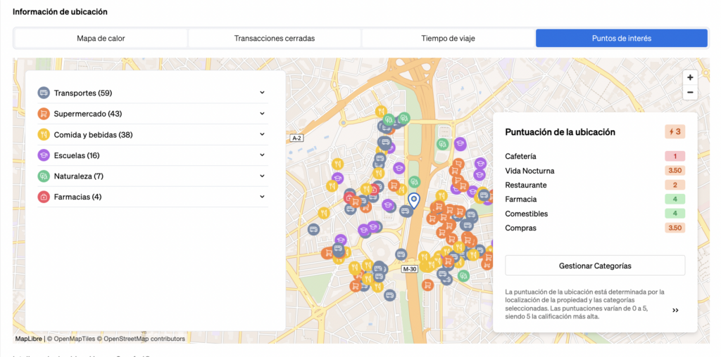 Puntos de interés en las proximidades mostrados dentro del Mapa Inteligente de Ubicaciones de CASAFARI