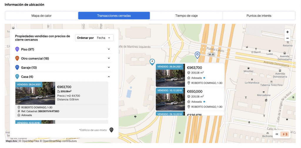 inmuebles vendidos en los alrededores, con las mismas características que el analizado