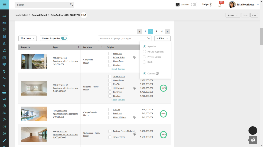 Filtro CASAFARI Connect dentro del CRM, para que los agentes inmobiliarios encuentren propiedades disponibles para compartir comisiones.