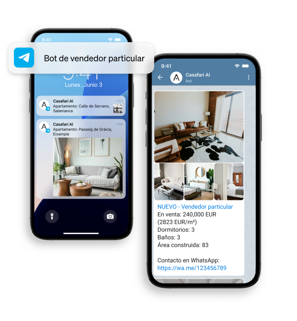 Recibe notificaciones de nuevas propiedades en el mercado vendidas por particulares con el bot de CASAFARI AI para WhatsApp y Telegram.